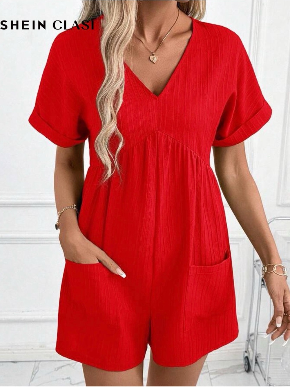 SHEIN Red V-Neck Short Sleeve Romper with Pockets